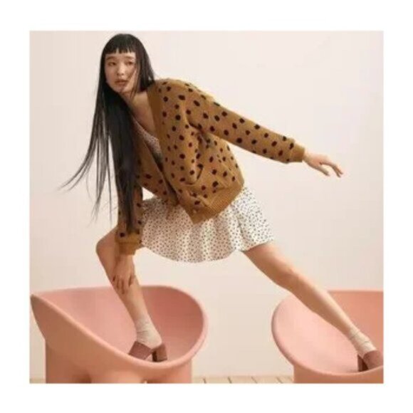 Madewell Sweater Women's Small Cardigan Old Gold and Black Polka Dots Purdue - Picture 1 of 10